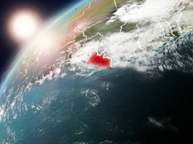 Liberya red Planet Earth bulutlar ve görünür ülke sınırları ile vurgulanmış günbatımı sırasında. 3D çizim. Nasa tarafından döşenmiş bu görüntü unsurları.