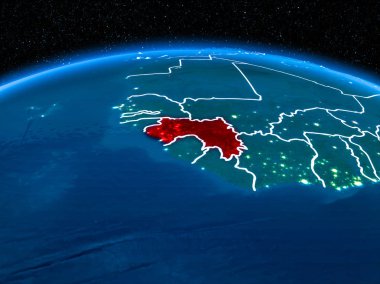 Yörünge görünümü Gine kırmızı görünür sınır çizgileri ve şehir ışıkları Planet Earth geceleri altını çizdi. 3D çizim. Nasa tarafından döşenmiş bu görüntü unsurları.