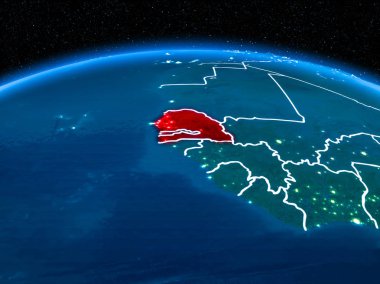 Yörünge görünümü Senegal kırmızı görünür sınır çizgileri ve şehir ışıkları Planet Earth geceleri altını çizdi. 3D çizim. Nasa tarafından döşenmiş bu görüntü unsurları.