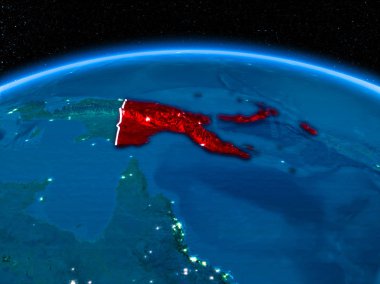 Yörünge görünümü, Papua Yeni Gine kırmızı görünür sınır çizgileri ve şehir ışıkları Planet Earth geceleri altını çizdi. 3D çizim. Nasa tarafından döşenmiş bu görüntü unsurları.
