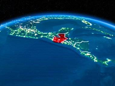 Yörünge görünümü Guatemala kırmızı görünür sınır çizgileri ve şehir ışıkları Planet Earth geceleri altını çizdi. 3D çizim. Nasa tarafından döşenmiş bu görüntü unsurları.