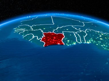 Fildişi Sahili görünümünü yörünge kırmızı görünür sınır çizgileri ve şehir ışıkları Planet Earth geceleri altını çizdi. 3D çizim. Nasa tarafından döşenmiş bu görüntü unsurları.