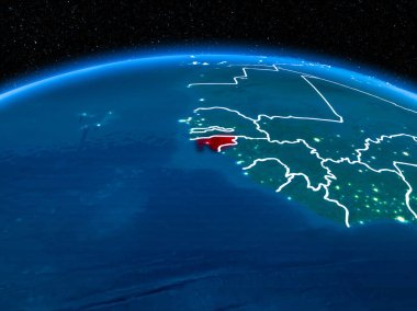 Gine-Bissau görünümünü yörünge kırmızı görünür sınır çizgileri ve şehir ışıkları Planet Earth geceleri altını çizdi. 3D çizim. Nasa tarafından döşenmiş bu görüntü unsurları.