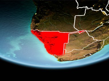 Namibya ülkenin Planet Earth akşam görünür kenarlık çizgileri ve şehir ışıkları kırmızı. 3D çizim. Nasa tarafından döşenmiş bu görüntü unsurları.