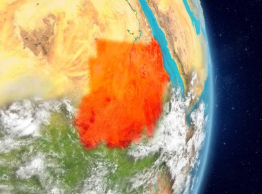 Alan görünümünü Sudan Planet Earth atmosfer ile kırmızı vurgulanır. 3D çizim. Nasa tarafından döşenmiş bu görüntü unsurları.