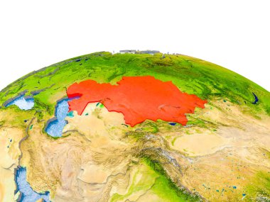 Kazakistan dünya gerçekçi arazi yüzeyi, görünür ülke sınırları ve okyanuslar yerine su üzerinde kırmızı vurgulanır. 3D çizim. Nasa tarafından döşenmiş bu görüntü unsurları.