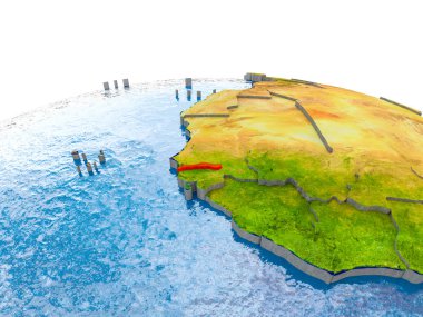 Gambiya gerçekçi arazi yüzeyi, görünür ülke sınırları ve okyanuslar yerine su ile dünya üzerinde kırmızı vurgulanır. 3D çizim. Nasa tarafından döşenmiş bu görüntü unsurları.