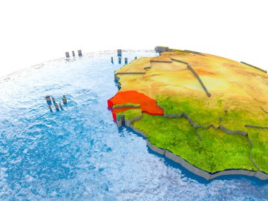 Senegal gerçekçi arazi yüzeyi, görünür ülke sınırları ve okyanuslar yerine su ile dünya üzerinde kırmızı vurgulanır. 3D çizim. Nasa tarafından döşenmiş bu görüntü unsurları.