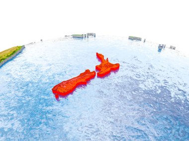 Yeni Zelanda Dünya gerçekçi arazi yüzeyi, görünür ülke sınırları ve okyanuslar yerine su üzerinde kırmızı vurgulanır. 3D çizim. Nasa tarafından döşenmiş bu görüntü unsurları.
