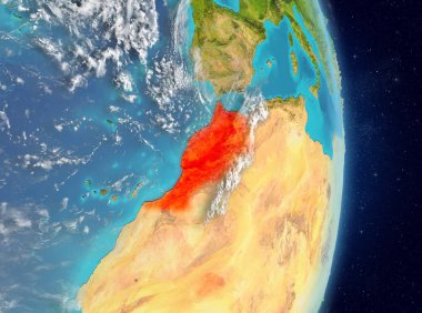 Alan görünümünü Fas Planet Earth atmosfer ile kırmızı vurgulanır. 3D çizim. Nasa tarafından döşenmiş bu görüntü unsurları.