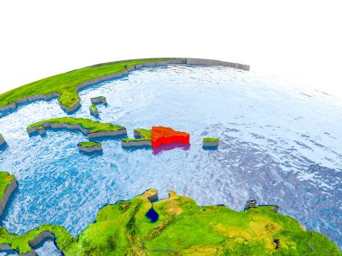 Dominik Cumhuriyeti gerçekçi arazi yüzeyi, görünür ülke sınırları ve okyanuslar yerine su ile dünya üzerinde kırmızı vurgulanır. 3D çizim. Nasa tarafından döşenmiş bu görüntü unsurları.