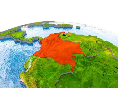 Kolombiya gerçekçi arazi yüzeyi, görünür ülke sınırları ve okyanuslar yerine su ile dünya üzerinde kırmızı vurgulanır. 3D çizim. Nasa tarafından döşenmiş bu görüntü unsurları.