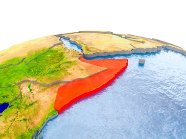 Somali gerçekçi arazi yüzeyi, görünür ülke sınırları ve okyanuslar yerine su ile dünya üzerinde kırmızı vurgulanır. 3D çizim. Nasa tarafından döşenmiş bu görüntü unsurları.