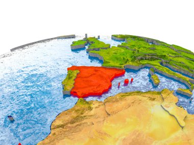 İspanya dünya gerçekçi arazi yüzeyi, görünür ülke sınırları ve okyanuslar yerine su üzerinde kırmızı vurgulanır. 3D çizim. Nasa tarafından döşenmiş bu görüntü unsurları.