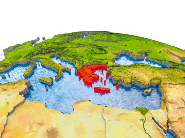Yunanistan gerçekçi arazi yüzeyi, görünür ülke sınırları ve okyanuslar yerine su ile dünya üzerinde kırmızı vurgulanır. 3D çizim. Nasa tarafından döşenmiş bu görüntü unsurları.