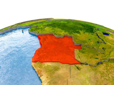 Angola gerçekçi arazi yüzeyi, görünür ülke sınırları ve okyanuslar yerine su ile dünya üzerinde kırmızı vurgulanır. 3D çizim. Nasa tarafından döşenmiş bu görüntü unsurları.