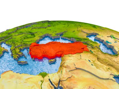 Türkiye Dünya gerçekçi arazi yüzeyi, görünür ülke sınırları ve okyanuslar yerine su üzerinde kırmızı vurgulanır. 3D çizim. Nasa tarafından döşenmiş bu görüntü unsurları.