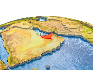 Birleşik Arap Emirlikleri gerçekçi arazi yüzeyi, görünür ülke sınırları ve okyanuslar yerine su ile dünya üzerinde kırmızı vurgulanır. 3D çizim. Nasa tarafından döşenmiş bu görüntü unsurları.