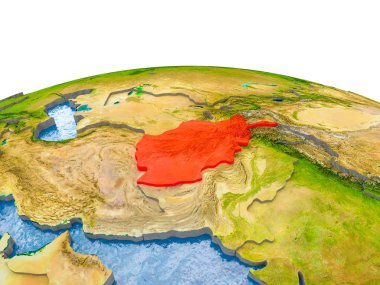 Afganistan gerçekçi arazi yüzeyi, görünür ülke sınırları ve okyanuslar yerine su ile dünya üzerinde kırmızı vurgulanır. 3D çizim. Nasa tarafından döşenmiş bu görüntü unsurları.