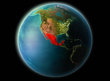 Son derece detaylı yüzey dokuları ile gece Dünya gezegeninin yörüngesine Meksika'dan. 3D çizim. Nasa tarafından döşenmiş bu görüntü unsurları.