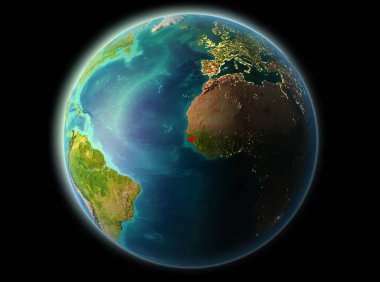 Gine-Bissau son derece detaylı yüzey dokuları ile gece Dünya gezegeninin yörüngeden. 3D çizim. Nasa tarafından döşenmiş bu görüntü unsurları.