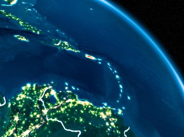 Uydu görüntüsü Porto Riko sınır çizgileri ve şehir ışıkları ile gece Planet Earth Kırmızı vurgulanır. 3D çizim. Nasa tarafından döşenmiş bu görüntü unsurları.