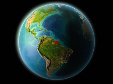 Surinam son derece detaylı yüzey dokuları ile gece Dünya gezegeninin yörüngeden. 3D çizim. Nasa tarafından döşenmiş bu görüntü unsurları.