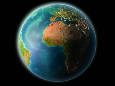Benin son derece detaylı yüzey dokuları ile gece Dünya gezegeninin yörüngeden. 3D çizim. Nasa tarafından döşenmiş bu görüntü unsurları.