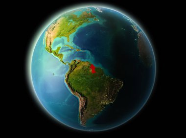 Son derece detaylı yüzey dokuları ile gece Dünya gezegeninin yörüngesine Guyana'dan. 3D çizim. Nasa tarafından döşenmiş bu görüntü unsurları.