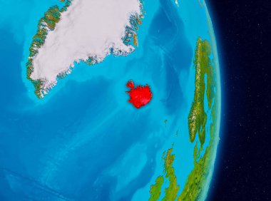 İzlanda ülke kırmızı Planet Earth. 3D çizim. Nasa tarafından döşenmiş bu görüntü unsurları.
