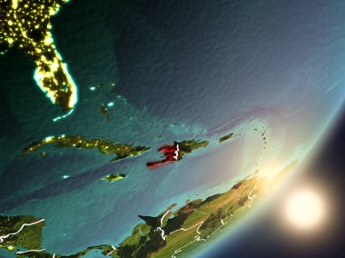 Haiti çok detaylı yüzey dokuları ve görünür ülke sınırları ile uzaydan. 3D çizim. Nasa tarafından döşenmiş bu görüntü unsurları.