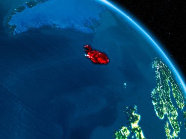 Sınır çizgileri ve şehir ışıkları ile gece red Planet Earth vurgulanmış İzlanda'daki uydu görüntüsü. 3D çizim. Nasa tarafından döşenmiş bu görüntü unsurları.