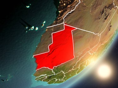 Moritanya son derece detaylı yüzey dokuları ve görünür ülke sınırları ile uzaydan. 3D çizim. Nasa tarafından döşenmiş bu görüntü unsurları.