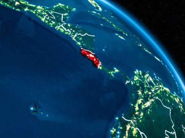 Uydu görüntüsü Kosta Rika sınır çizgileri ve şehir ışıkları ile gece Planet Earth Kırmızı vurgulanır. 3D çizim. Nasa tarafından döşenmiş bu görüntü unsurları.