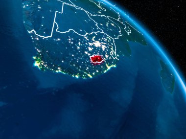 Sınır çizgileri ve şehir ışıkları ile gece red Planet Earth vurgulanmış Lesotho uydu görünümü. 3D çizim. Nasa tarafından döşenmiş bu görüntü unsurları.