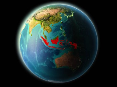 Endonezya son derece detaylı yüzey dokuları ile gece Dünya gezegeninin yörüngeden. 3D çizim. Nasa tarafından döşenmiş bu görüntü unsurları.