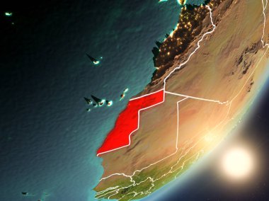 Batı Sahra son derece detaylı yüzey dokuları ve görünür ülke sınırları ile uzaydan. 3D çizim. Nasa tarafından döşenmiş bu görüntü unsurları.