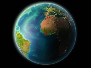 Liberya son derece detaylı yüzey dokuları ile gece Dünya gezegeninin yörüngeden. 3D çizim. Nasa tarafından döşenmiş bu görüntü unsurları.