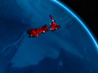 Uydu Görünümü Yeni Zelanda sınır çizgileri ve şehir ışıkları ile gece Planet Earth kırmızı vurgulanır. 3D çizim. Nasa tarafından döşenmiş bu görüntü unsurları.