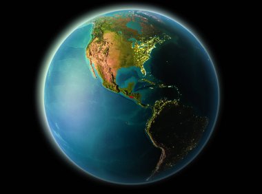 El Salvador son derece detaylı yüzey dokuları ile gece Dünya gezegeninin yörüngeden. 3D çizim. Nasa tarafından döşenmiş bu görüntü unsurları.