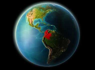 Son derece detaylı yüzey dokuları ile gece Dünya gezegeninin yörüngesine Kolombiya'dan. 3D çizim. Nasa tarafından döşenmiş bu görüntü unsurları.