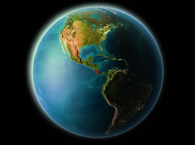 Son derece detaylı yüzey dokuları ile gece Dünya gezegeninin yörüngeden Kosta Rika. 3D çizim. Nasa tarafından döşenmiş bu görüntü unsurları.