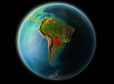Paraguay son derece detaylı yüzey dokuları ile gece Dünya gezegeninin yörüngeden. 3D çizim. Nasa tarafından döşenmiş bu görüntü unsurları.