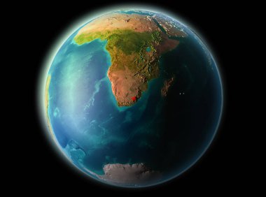 Lesotho Dünya gezegeninin son derece detaylı yüzey dokuları ile gece yörüngeden. 3D çizim. Nasa tarafından döşenmiş bu görüntü unsurları.