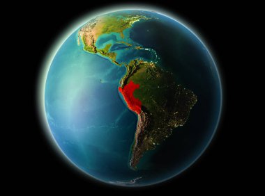 Son derece detaylı yüzey dokuları ile gece Dünya gezegeninin yörüngesine Peru'dan. 3D çizim. Nasa tarafından döşenmiş bu görüntü unsurları.