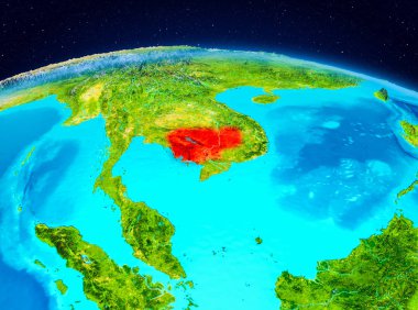 Uydu görüntüsü Kamboçya Planet Earth kırmızı vurgulanır. 3D çizim. Nasa tarafından döşenmiş bu görüntü unsurları.