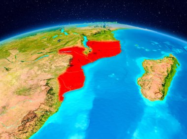 Uydu Görünümü Mozambik Planet Earth kırmızı vurgulanır. 3D çizim. Nasa tarafından döşenmiş bu görüntü unsurları.