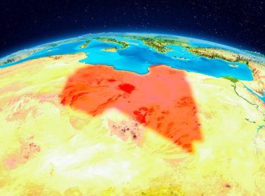 Uydu görüntüsü Libya Planet Earth kırmızı vurgulanır. 3D çizim. Nasa tarafından döşenmiş bu görüntü unsurları.