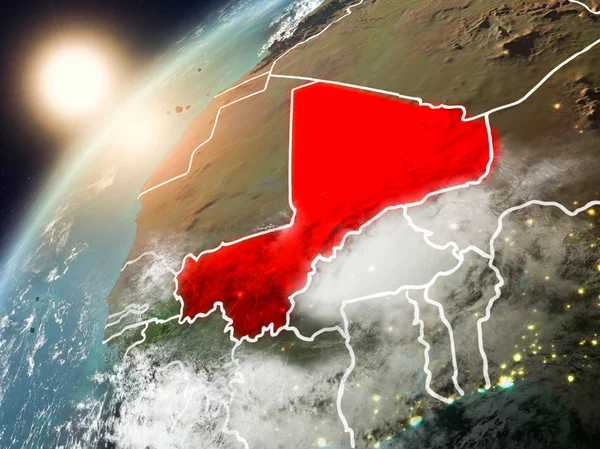 Mali red Planet Earth bulutlar ve görünür ülke sınırları ile vurgulanmış günbatımı sırasında. 3D çizim. Nasa tarafından döşenmiş bu görüntü unsurları.