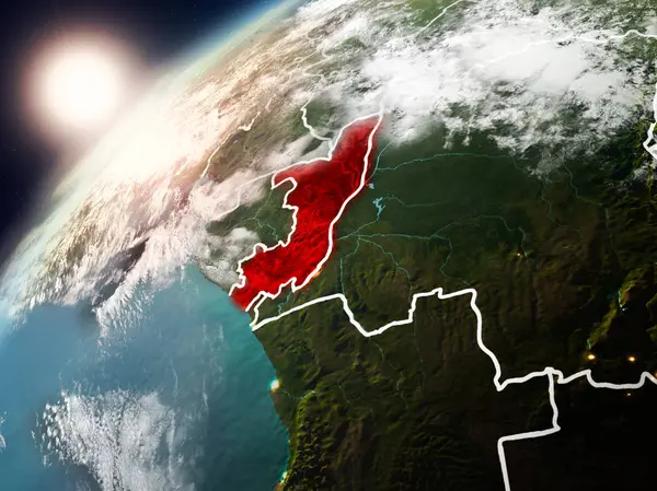 Kongo red Planet Earth bulutlar ve görünür ülke sınırları ile vurgulanmış günbatımı sırasında. 3D çizim. Nasa tarafından döşenmiş bu görüntü unsurları.